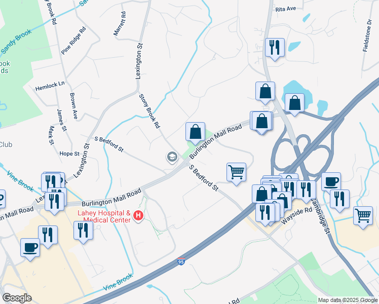 map of restaurants, bars, coffee shops, grocery stores, and more near 26 Burlington Mall Road in Burlington