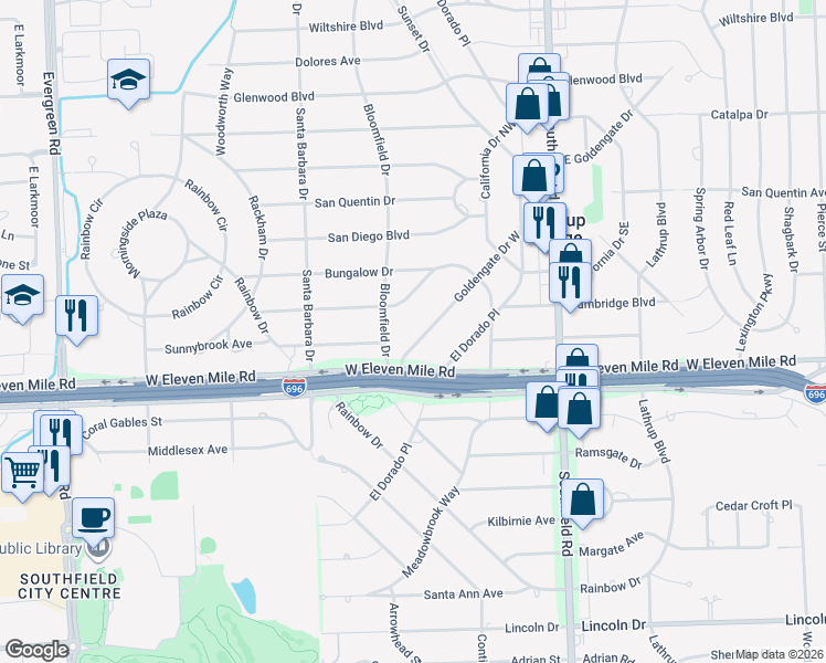 map of restaurants, bars, coffee shops, grocery stores, and more near 27275 Goldengate Drive West in Lathrup Village