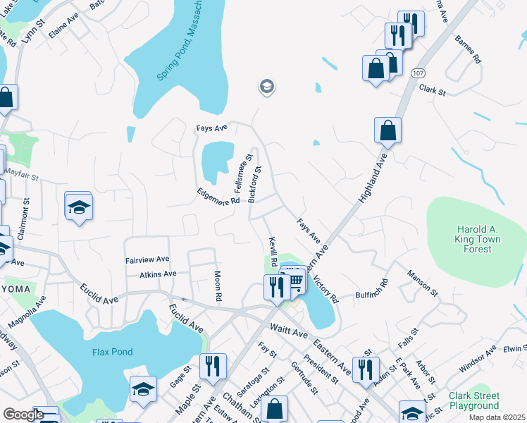 map of restaurants, bars, coffee shops, grocery stores, and more near 25 Lynnmere Avenue in Lynn