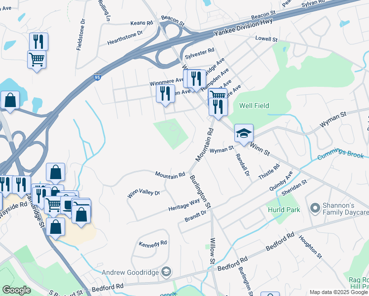map of restaurants, bars, coffee shops, grocery stores, and more near 22 Richardson Road in Burlington