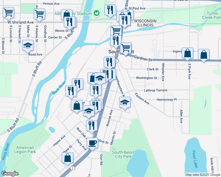 map of restaurants, bars, coffee shops, grocery stores, and more near 545 Blackhawk Boulevard in South Beloit
