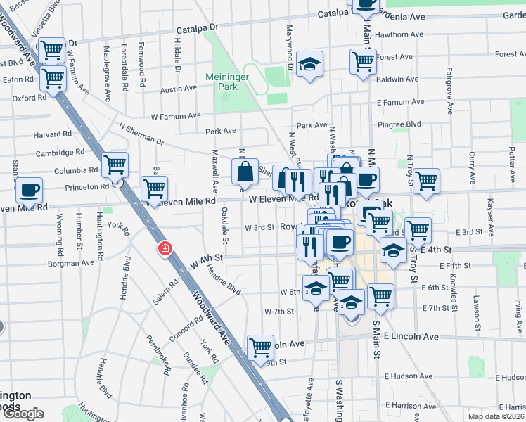 map of restaurants, bars, coffee shops, grocery stores, and more near 115 South Pleasant Street in Royal Oak