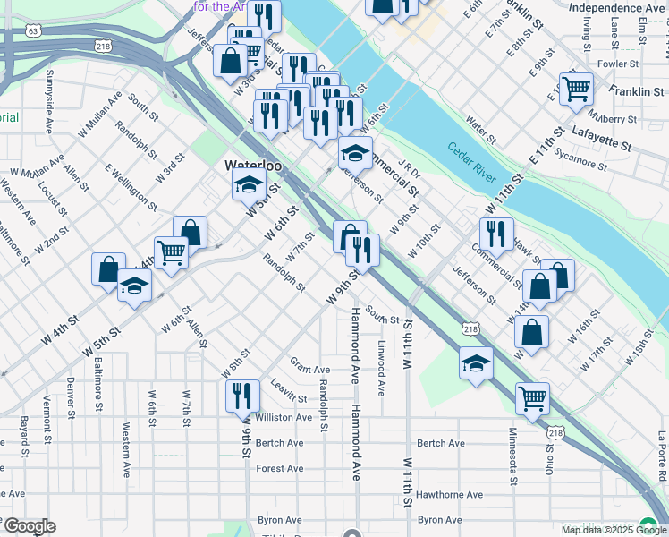 map of restaurants, bars, coffee shops, grocery stores, and more near 1017 South Street in Waterloo