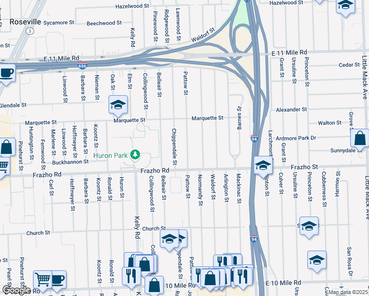 map of restaurants, bars, coffee shops, grocery stores, and more near 26095 Pattow Street in Roseville