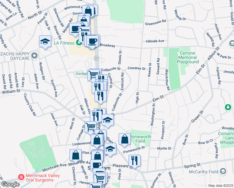 map of restaurants, bars, coffee shops, grocery stores, and more near 71 Collincote Street in Stoneham