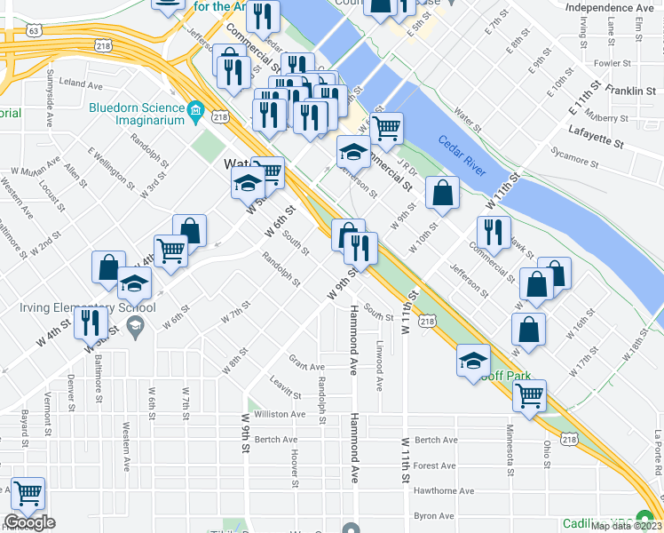 map of restaurants, bars, coffee shops, grocery stores, and more near 1009 South Street in Waterloo