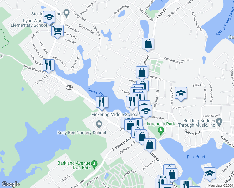 map of restaurants, bars, coffee shops, grocery stores, and more near 99 Savory Street in Lynn