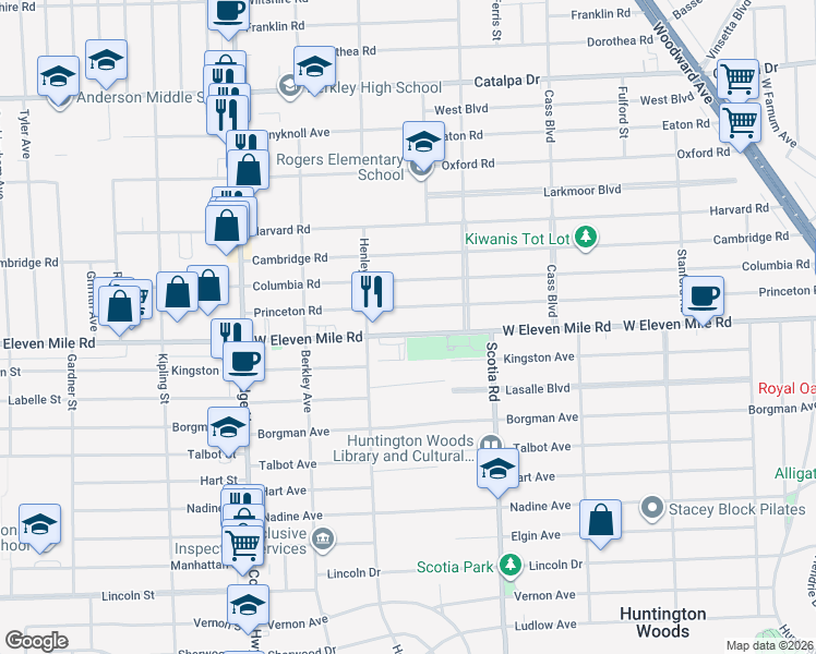 map of restaurants, bars, coffee shops, grocery stores, and more near 1964 West Eleven Mile Road in Berkley