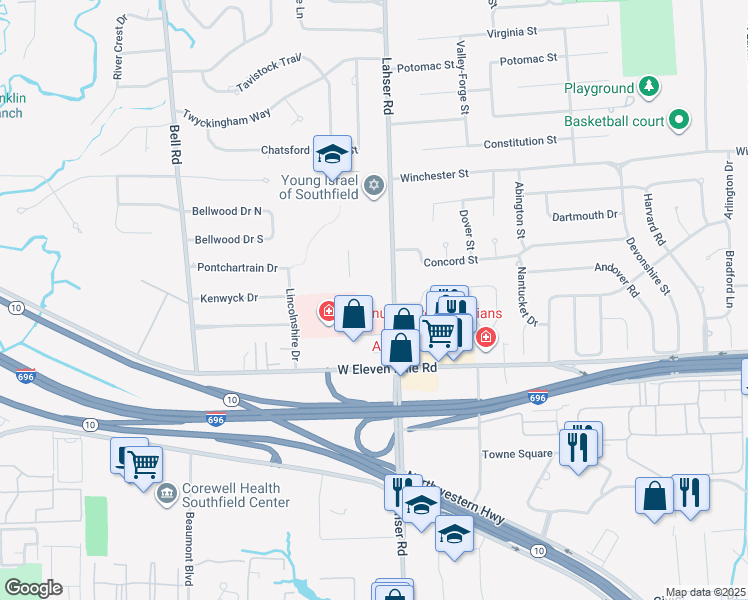 map of restaurants, bars, coffee shops, grocery stores, and more near 27255 Lahser Rd in Southfield