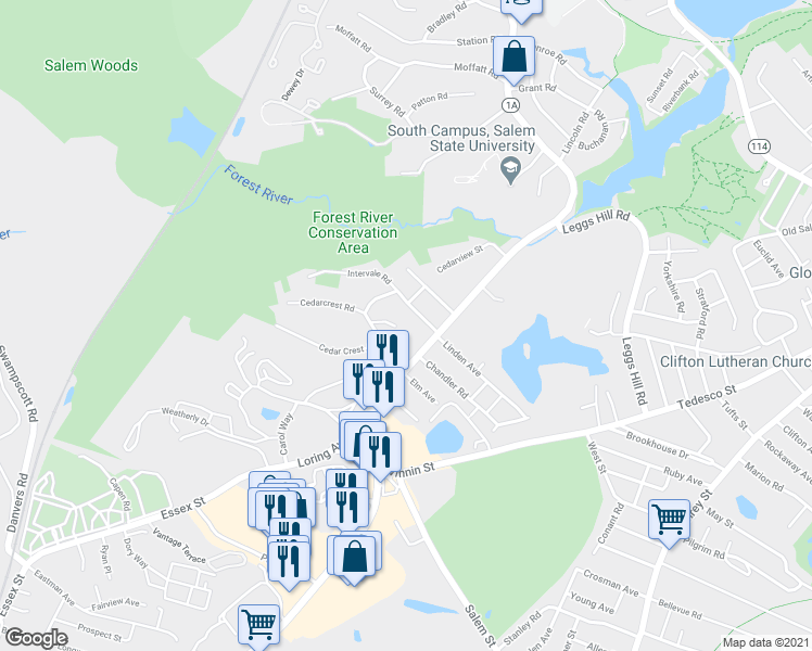 map of restaurants, bars, coffee shops, grocery stores, and more near 19 Kelley Road in Salem
