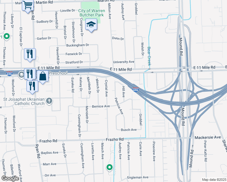 map of restaurants, bars, coffee shops, grocery stores, and more near 26630 Crystal Avenue in Warren