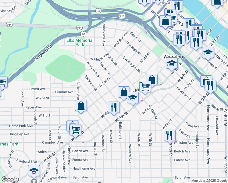 map of restaurants, bars, coffee shops, grocery stores, and more near 425 Western Avenue in Waterloo