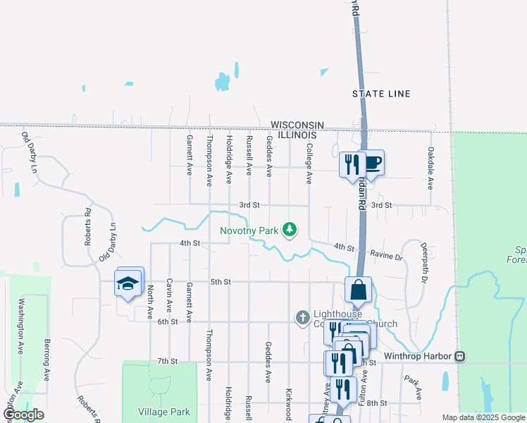 map of restaurants, bars, coffee shops, grocery stores, and more near 2201 3rd Street in Winthrop Harbor