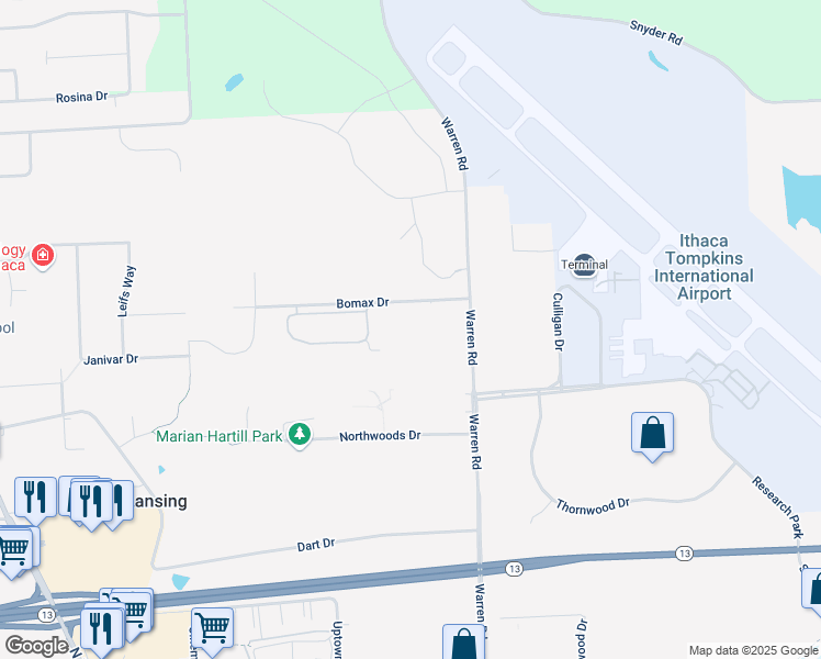 map of restaurants, bars, coffee shops, grocery stores, and more near 20 Bomax Drive in Ithaca