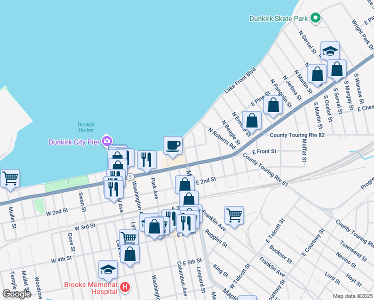 map of restaurants, bars, coffee shops, grocery stores, and more near 10 North Main Street in Dunkirk