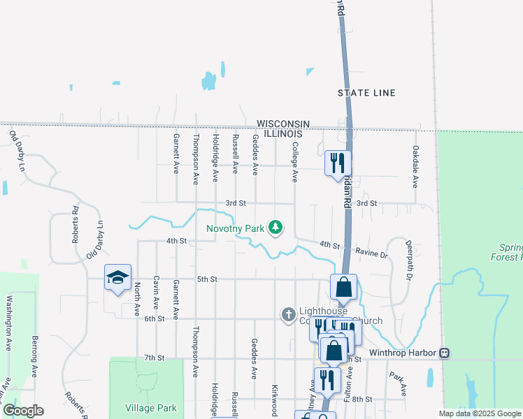 map of restaurants, bars, coffee shops, grocery stores, and more near 2201 3rd Street in Winthrop Harbor