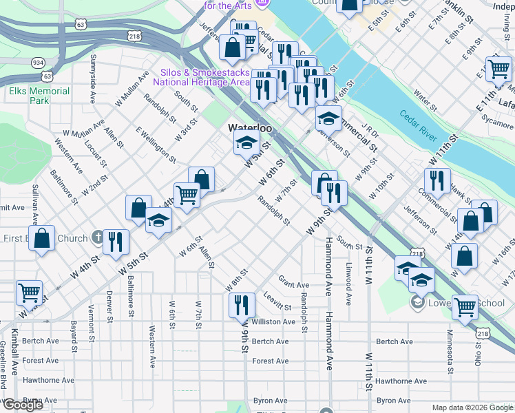map of restaurants, bars, coffee shops, grocery stores, and more near 828 Randolph Street in Waterloo