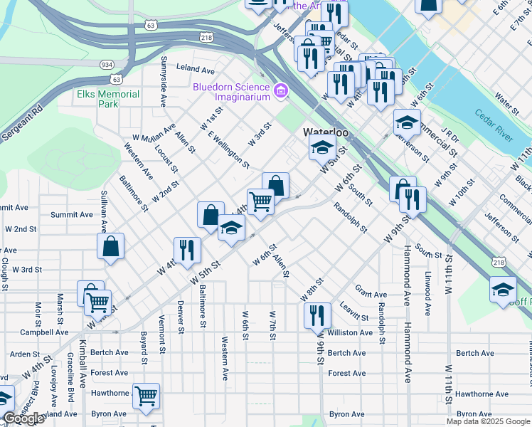 map of restaurants, bars, coffee shops, grocery stores, and more near 910 West 5th Street in Waterloo