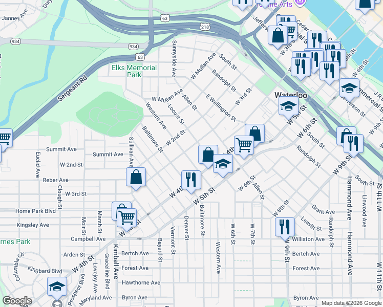 map of restaurants, bars, coffee shops, grocery stores, and more near 425 Western Avenue in Waterloo