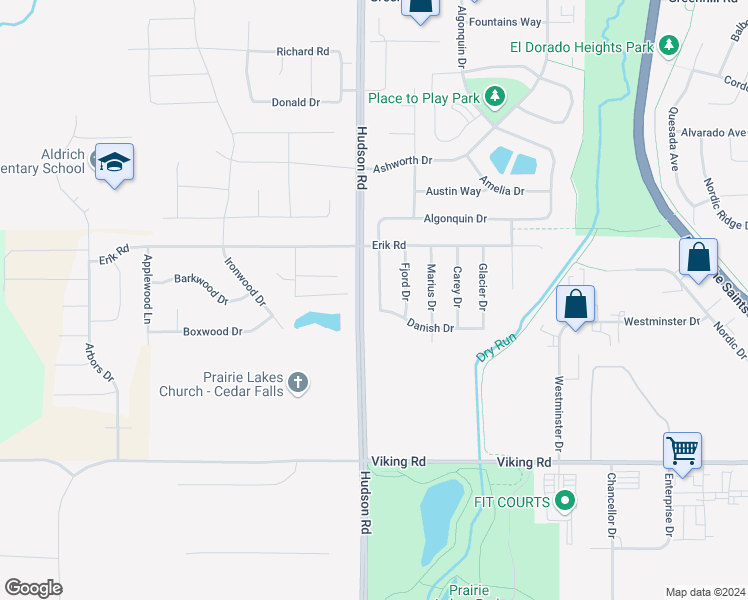 map of restaurants, bars, coffee shops, grocery stores, and more near 1603 Danish Drive in Cedar Falls
