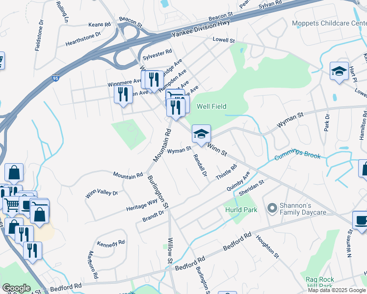 map of restaurants, bars, coffee shops, grocery stores, and more near 21 Wyman Street in Burlington