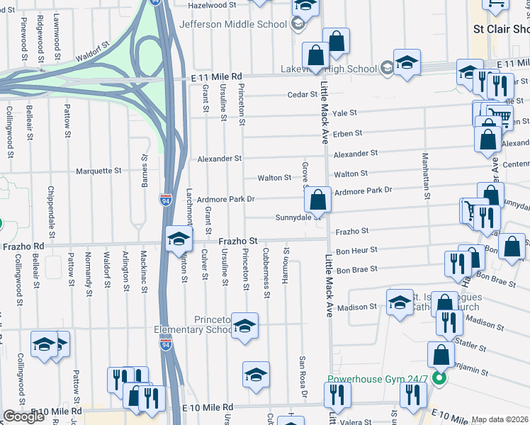 map of restaurants, bars, coffee shops, grocery stores, and more near 20401 Sunnydale Street in St. Clair Shores