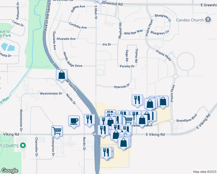 map of restaurants, bars, coffee shops, grocery stores, and more near Hyacinth Drive in Cedar Falls