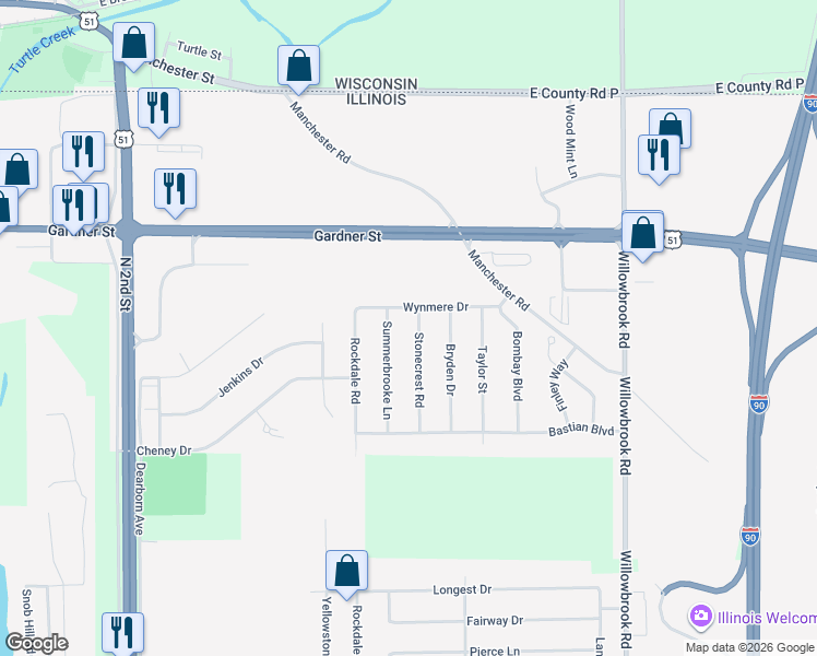 map of restaurants, bars, coffee shops, grocery stores, and more near 15628 Stonecrest Road in South Beloit