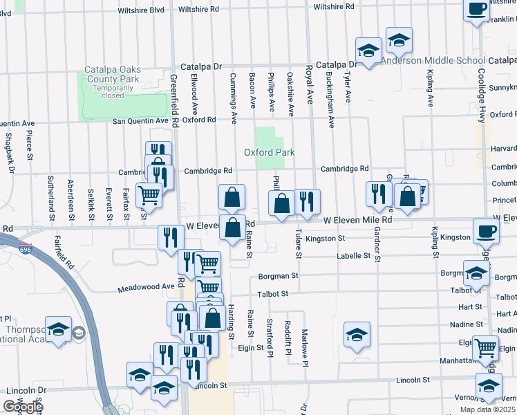 map of restaurants, bars, coffee shops, grocery stores, and more near 1775 Bacon Avenue in Berkley