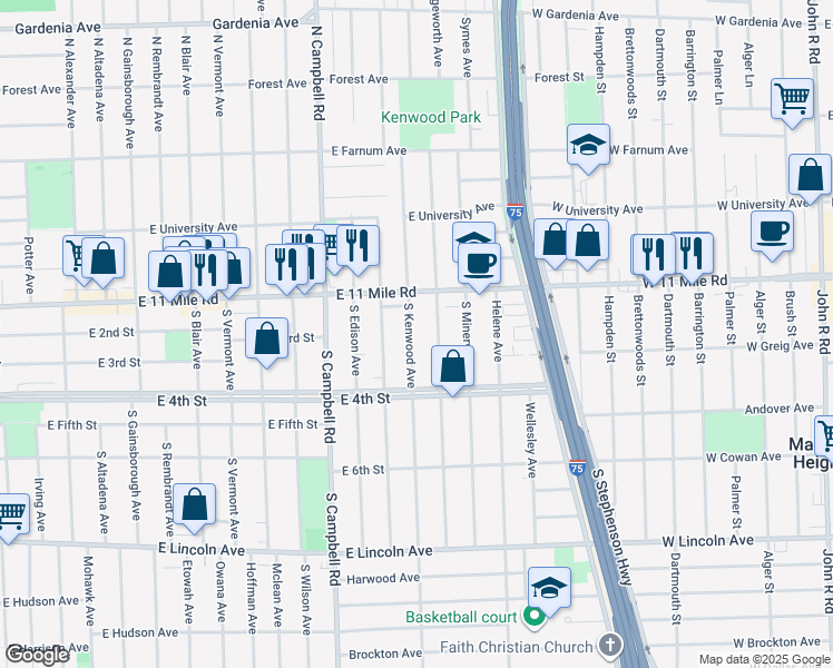 map of restaurants, bars, coffee shops, grocery stores, and more near 205 South Kenwood Avenue in Royal Oak