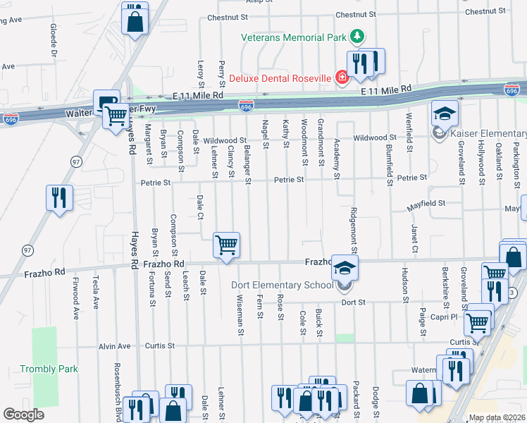 map of restaurants, bars, coffee shops, grocery stores, and more near 26110 Nagel Street in Roseville