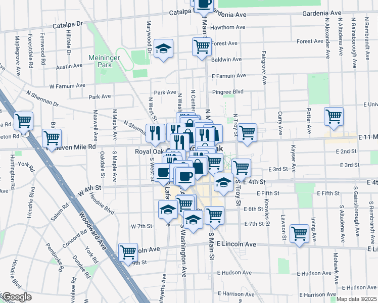 map of restaurants, bars, coffee shops, grocery stores, and more near in Royal Oak
