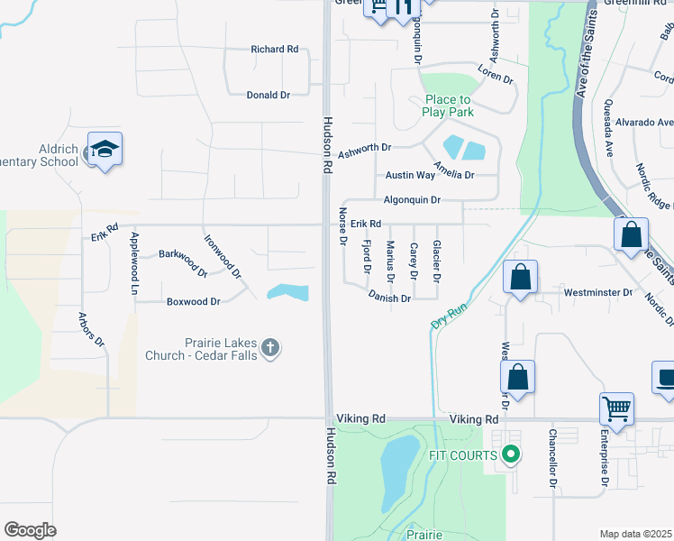 map of restaurants, bars, coffee shops, grocery stores, and more near 5407 Norse Drive in Cedar Falls