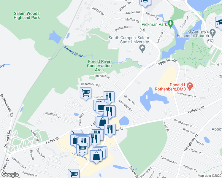 map of restaurants, bars, coffee shops, grocery stores, and more near 4 Kelley Road in Salem