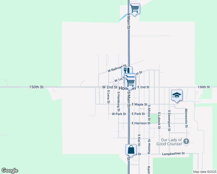 map of restaurants, bars, coffee shops, grocery stores, and more near 301 West 2nd Street in Holstein