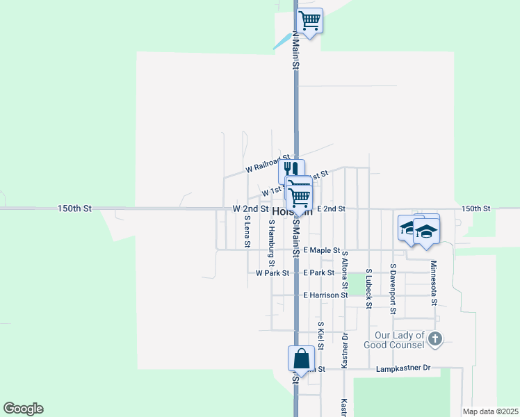 map of restaurants, bars, coffee shops, grocery stores, and more near 255 W 2nd St in Holstein