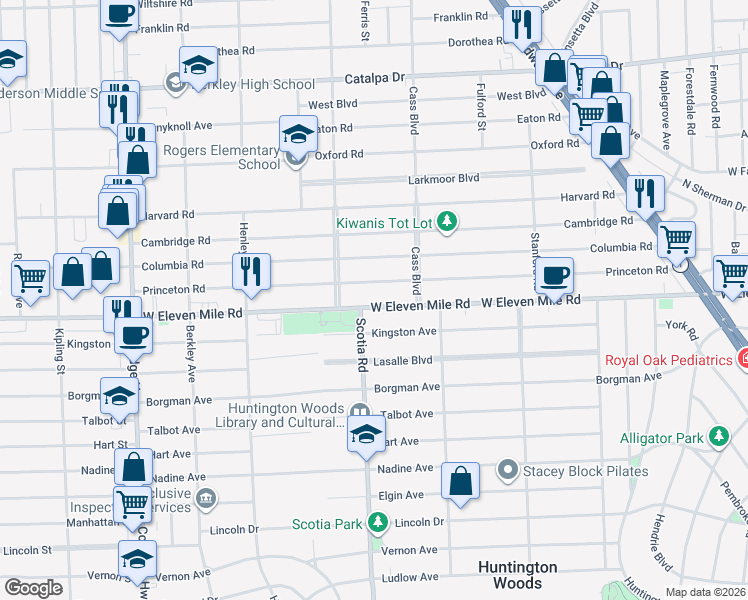 map of restaurants, bars, coffee shops, grocery stores, and more near 10867 West Eleven Mile Road in Huntington Woods
