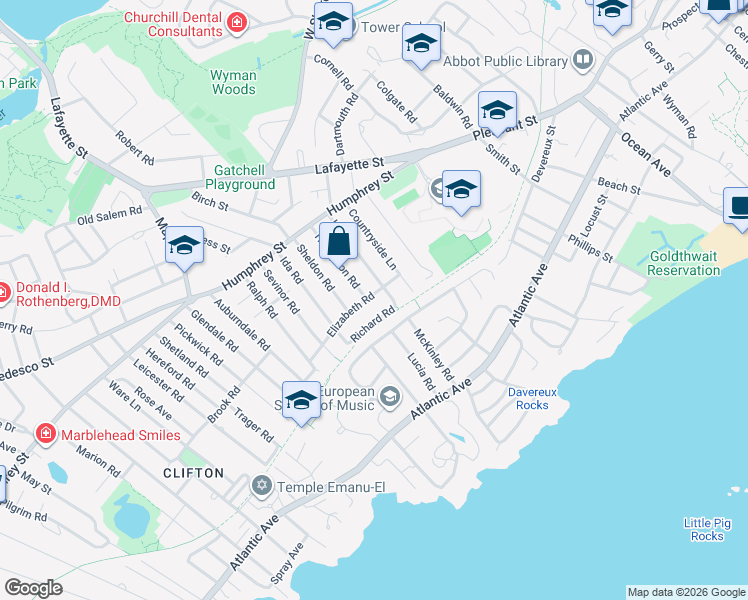 map of restaurants, bars, coffee shops, grocery stores, and more near 18 Richard Road in Marblehead