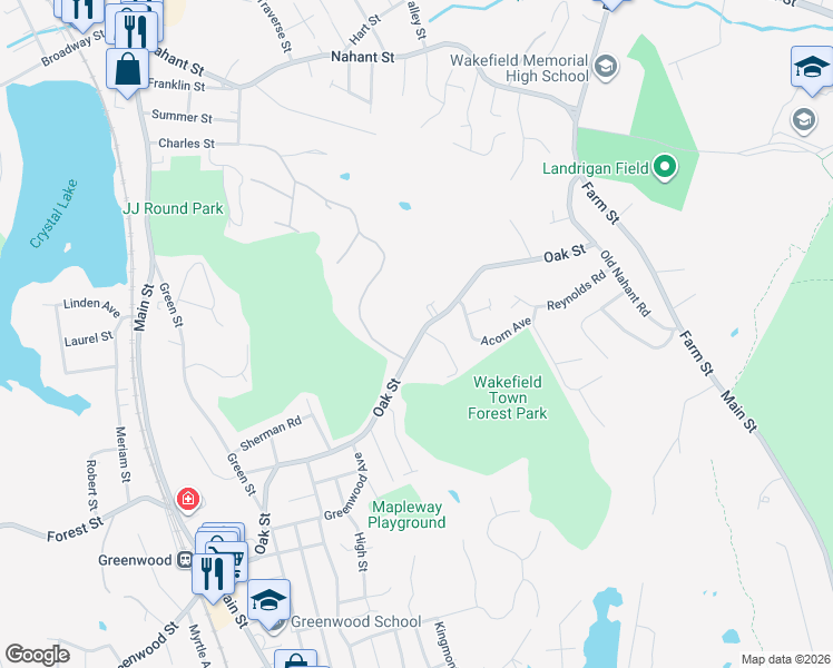 map of restaurants, bars, coffee shops, grocery stores, and more near 32 Melrose Avenue in Wakefield