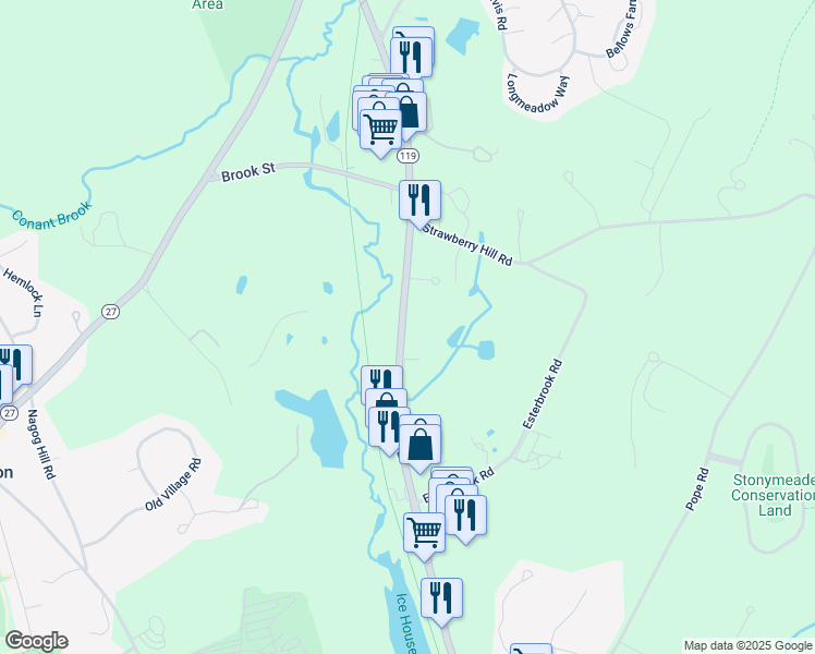 map of restaurants, bars, coffee shops, grocery stores, and more near 198 Great Road in Acton