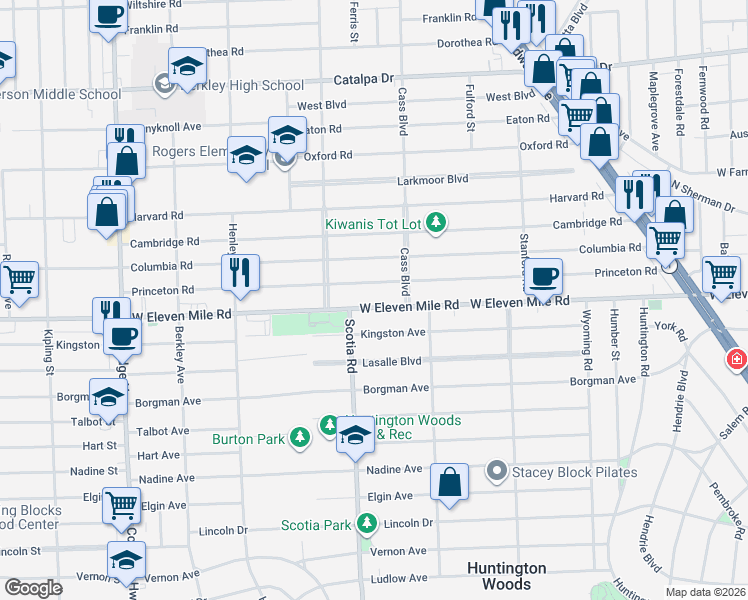 map of restaurants, bars, coffee shops, grocery stores, and more near 10787 West Eleven Mile Road in Berkley