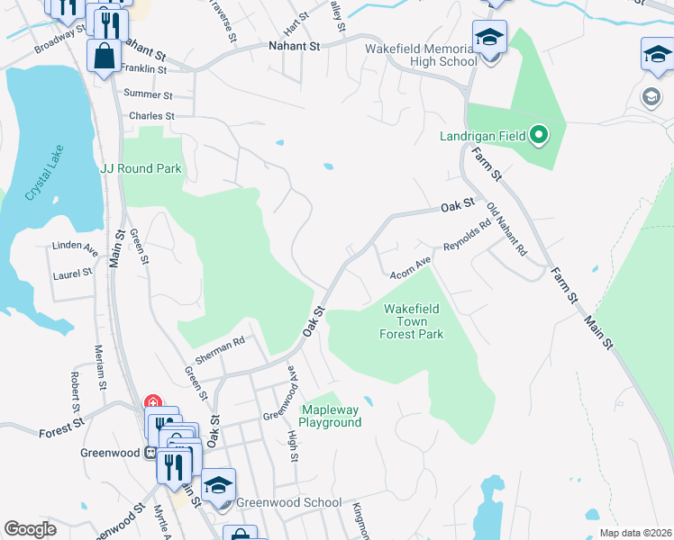 map of restaurants, bars, coffee shops, grocery stores, and more near 32 Melrose Avenue in Wakefield