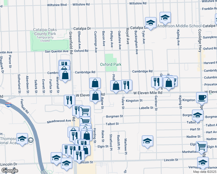 map of restaurants, bars, coffee shops, grocery stores, and more near 1775 Bacon Avenue in Berkley