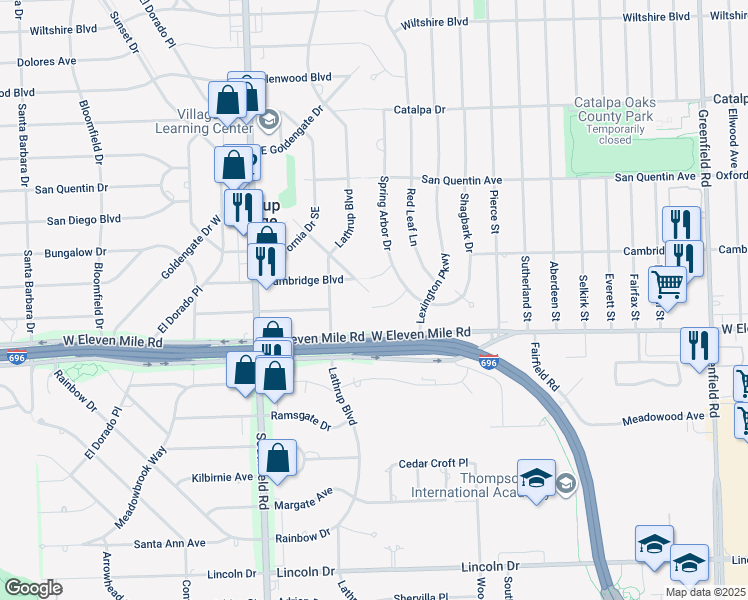 map of restaurants, bars, coffee shops, grocery stores, and more near 17330 Sunnybrook Drive in Southfield