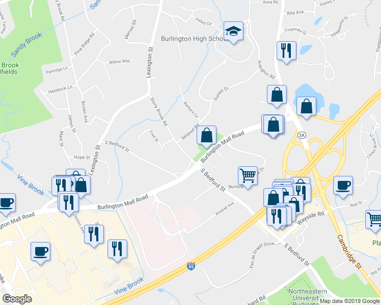 map of restaurants, bars, coffee shops, grocery stores, and more near 36 Stony Brook Road in Burlington