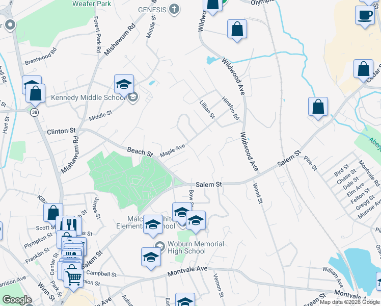 map of restaurants, bars, coffee shops, grocery stores, and more near 7 Laura Road in Woburn