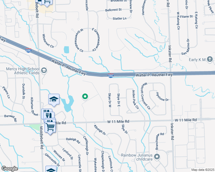 map of restaurants, bars, coffee shops, grocery stores, and more near 27424 Skye Drive West in Farmington Hills