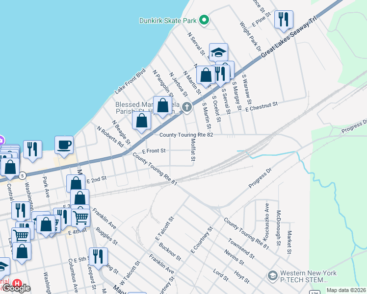 map of restaurants, bars, coffee shops, grocery stores, and more near 204 East 2nd Street in Dunkirk