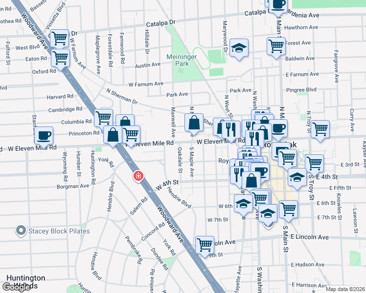map of restaurants, bars, coffee shops, grocery stores, and more near 120 South Maple Avenue in Royal Oak