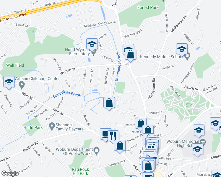 map of restaurants, bars, coffee shops, grocery stores, and more near Hart Street in Woburn